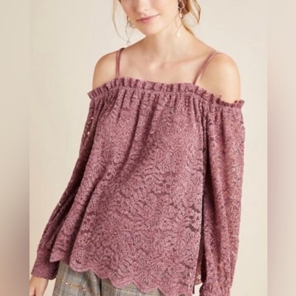 Anthropologie eri + ali Chenille Lace Off The Shoulder Blouse - Picture 1 of 11